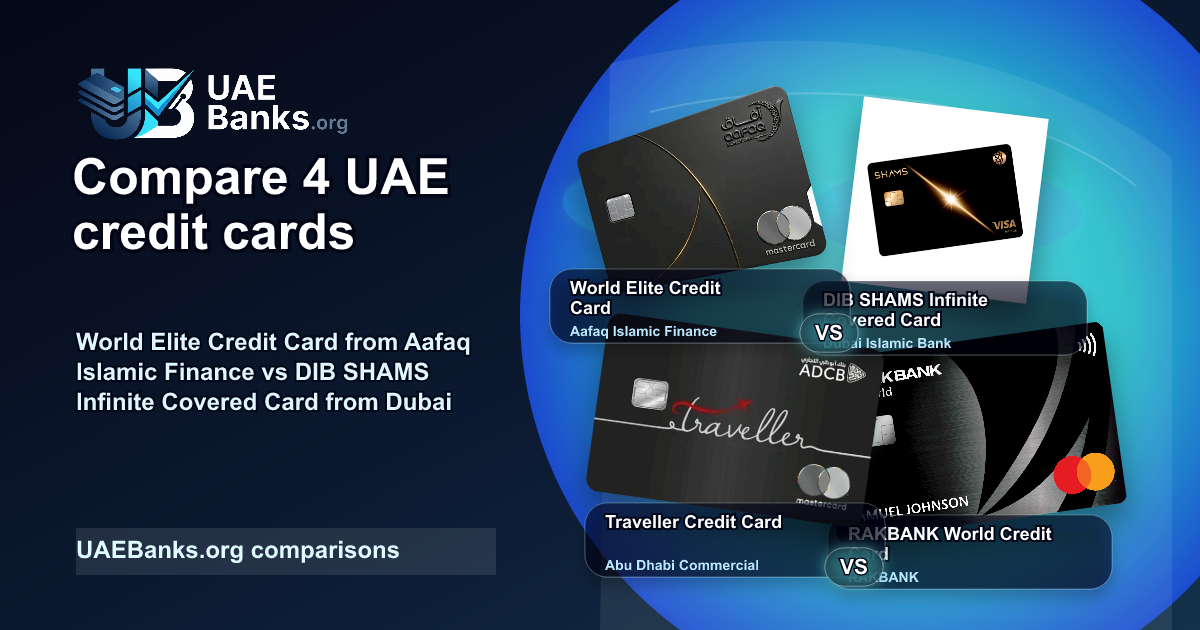 World Elite Credit Card vs DIB SHAMS Infinite Covered Card vs Traveller Credit Card vs RAKBANK World Credit Card comparison thumbnail